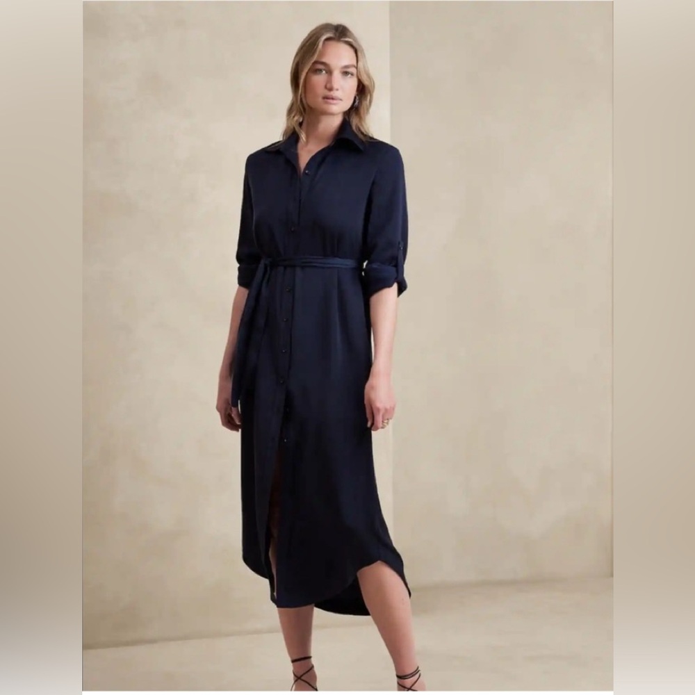 Navy Button-Front Shirt Dress with Belt